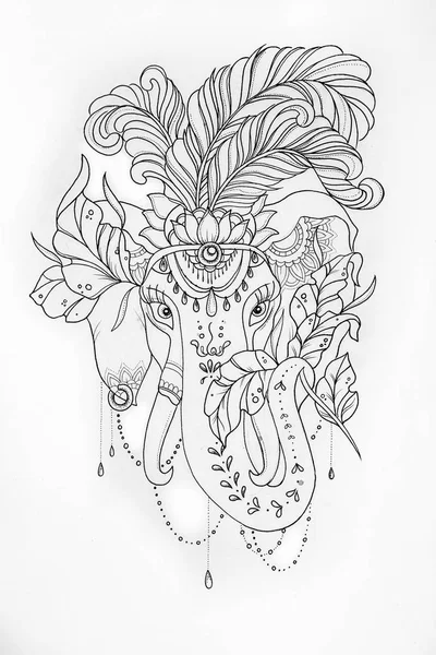 Sketch of the circus elephant with feathers on white background.