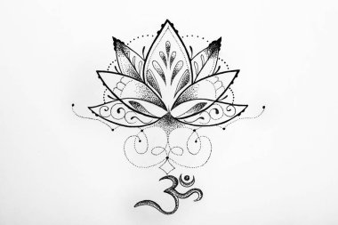 Beyaz bir arka plan üzerinde Lotus ve om işaretleri kroki.