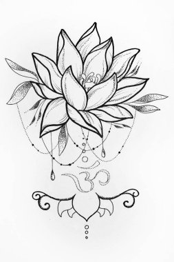 Beyaz bir arka plan üzerinde Lotus ve om işaretleri kroki.