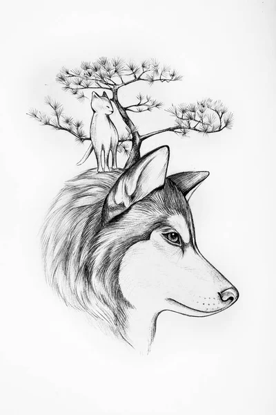 Sketch Huskies tree and cats on a white background. — Stock Photo, Image