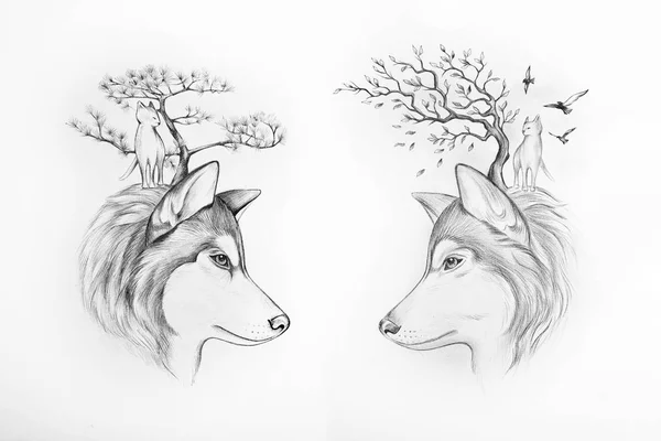 Sketch of two Huskies tree and cats on white background.