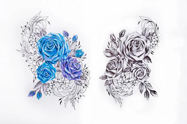 Sketch two sets of roses on a white background.