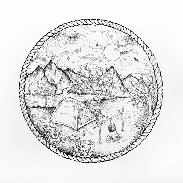 Ескіз гірського кемпінгу на білому тлі . — стокове фото