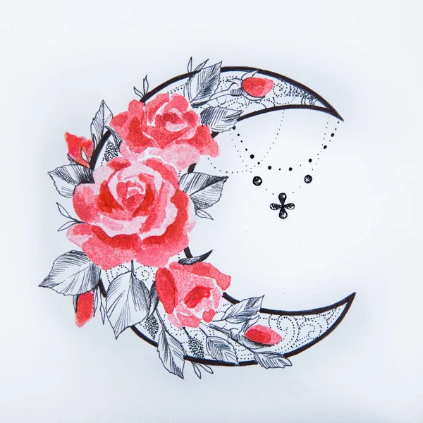 Schets van de maan met bloemen op een witte achtergrond. — Stockfoto
