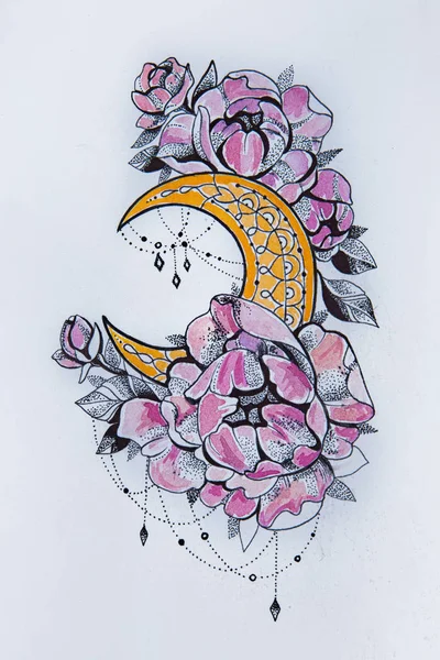 흰색 바탕에 꽃과 달의 스케치. — 스톡 사진