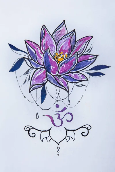 Szkic lotus i om znaki na białym tle. — Zdjęcie stockowe