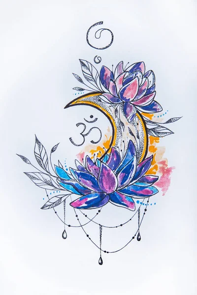 Σκίτσο από ένα lotus και το φεγγάρι σε λευκό φόντο. — Φωτογραφία Αρχείου