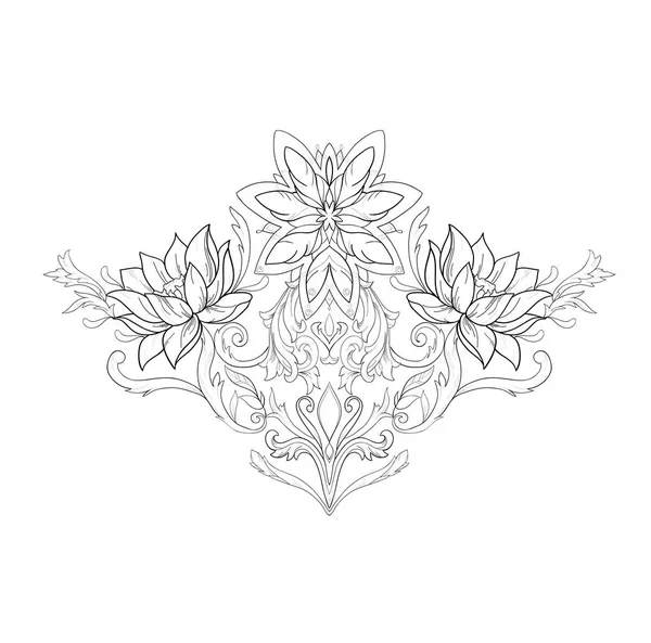 Graphic sketch of lotuses in ornament on a white background. — Stock Vector