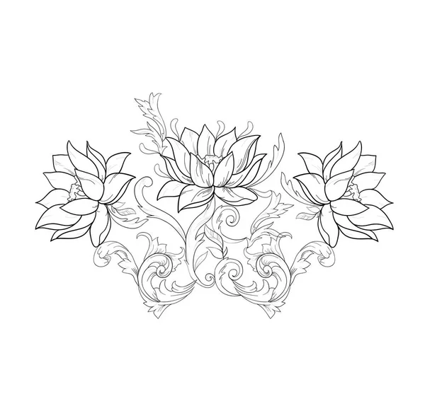 Grafický nákres lotosů v ornament na bílém pozadí. — Stockový vektor