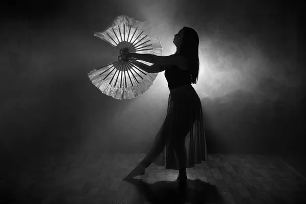 Beautiful silhouette of a girl elegantly dancing in smoke and fog. — Stock Photo, Image