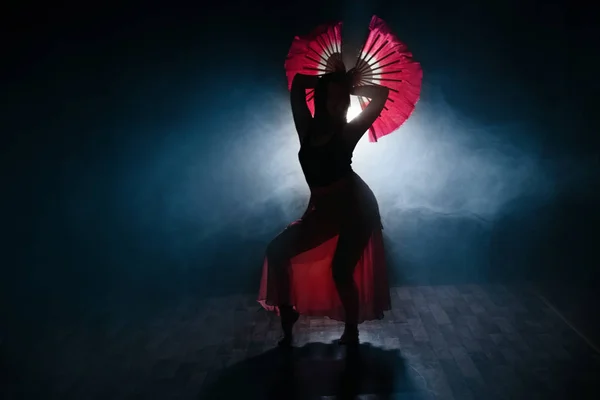 Hermosa silueta de una chica bailando elegantemente en humo y niebla . —  Fotos de Stock