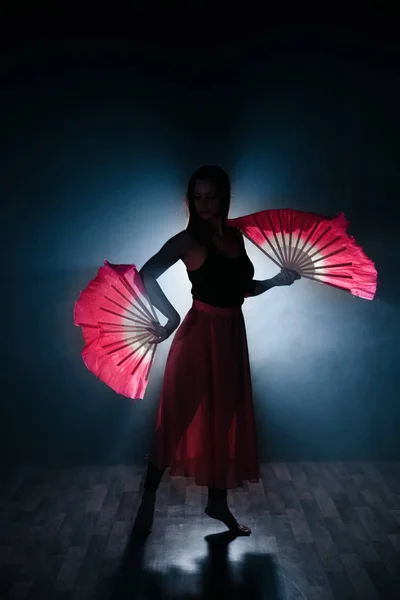 Bela silhueta de uma menina elegantemente dançando em fumaça e névoa . — Fotografia de Stock