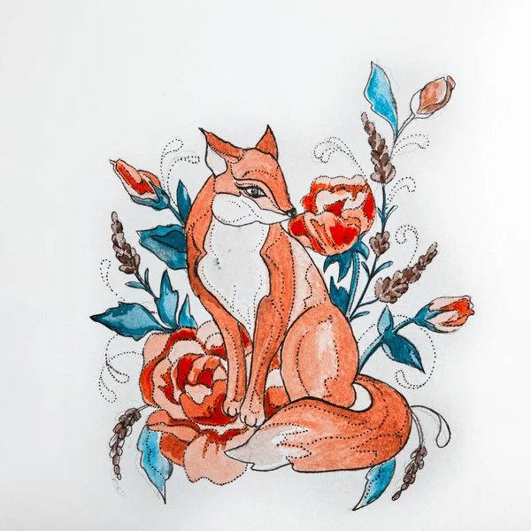 Sketch foxes in the flowers on a white background. — Stock Photo, Image