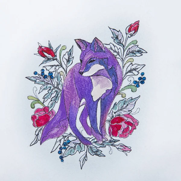 Sketch foxes in the flowers on a white background. — Stock Photo, Image