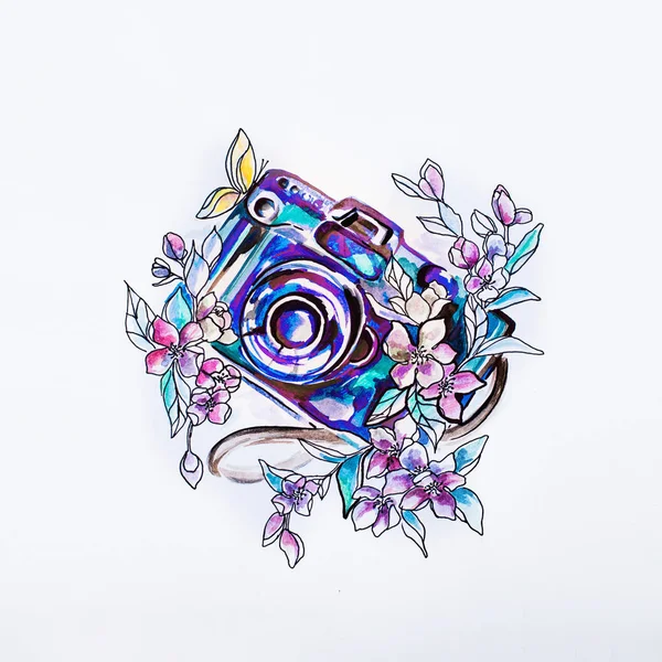 Σκίτσο κάμερα σε όμορφα μωβ λουλούδια σε ακουαρέλα. — Φωτογραφία Αρχείου