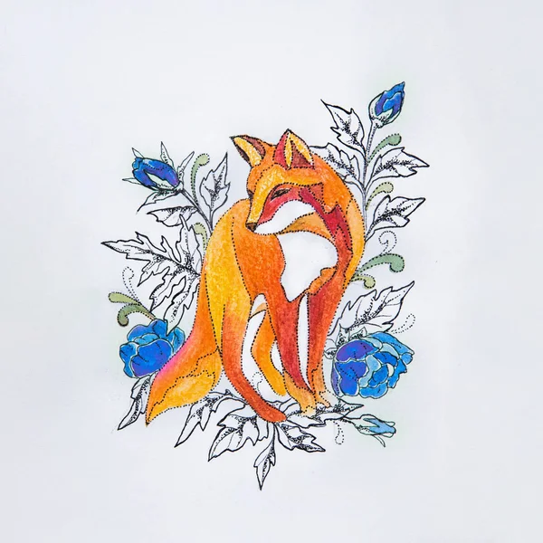 Sketch foxes in the flowers on a white background. — Stock Photo, Image