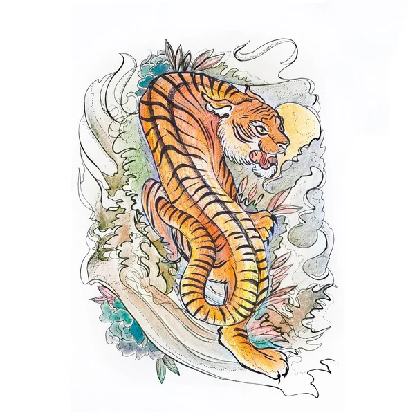 Рисунок японского тигра на белом фоне . — стоковое фото