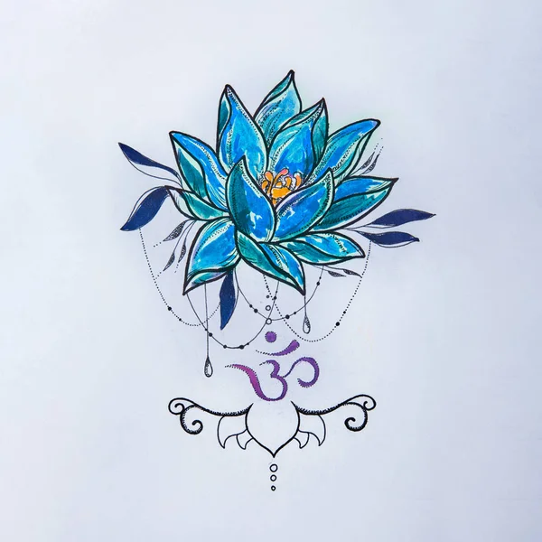 Sketch lotus and om signs on a white background. — Stock Photo, Image