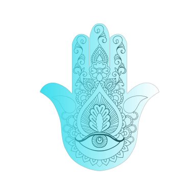 Beyaz zemin üzerinde mavi bir hamsa taslağını.