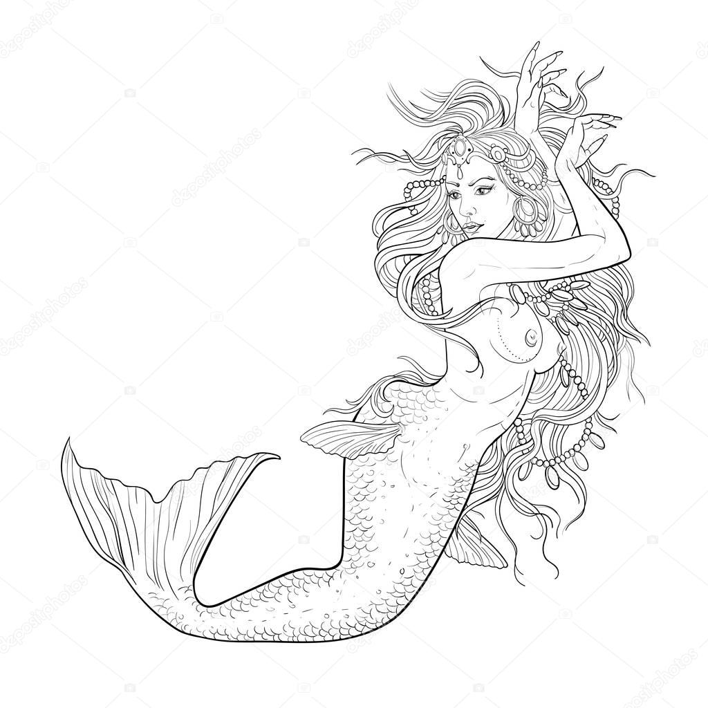 Sketch of a beautiful mermaid on a white background