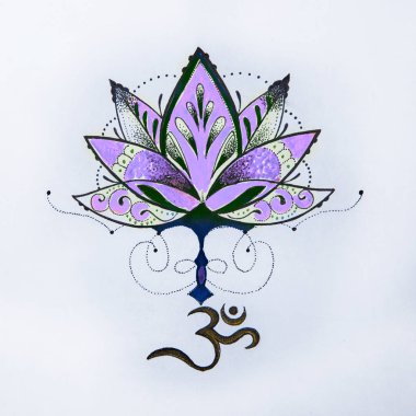 Beyaz bir arka plan üzerinde Lotus ve om işaretleri kroki.