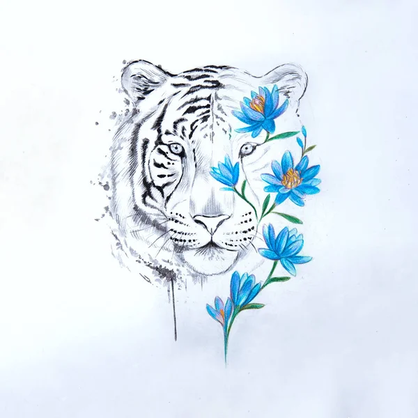 Sketch of a tigers head in flowers on a white background. — Stock Photo, Image