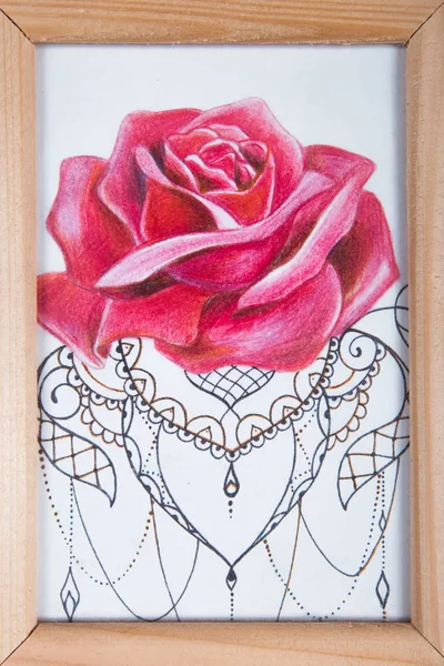 Sketch of a red rose in a wooden frame.