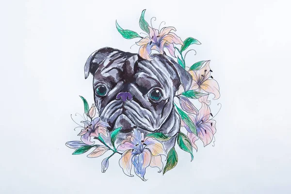 Esboço de um pug em flores em um fundo branco . — Fotografia de Stock