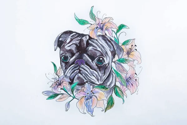 Sketch of a pug in flowers on a white background.