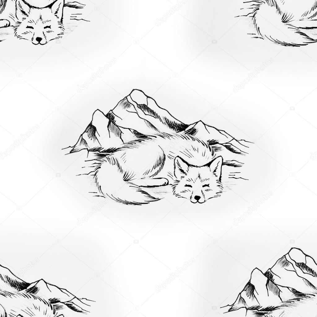 Seamless pattern of sleeping fox on white background.