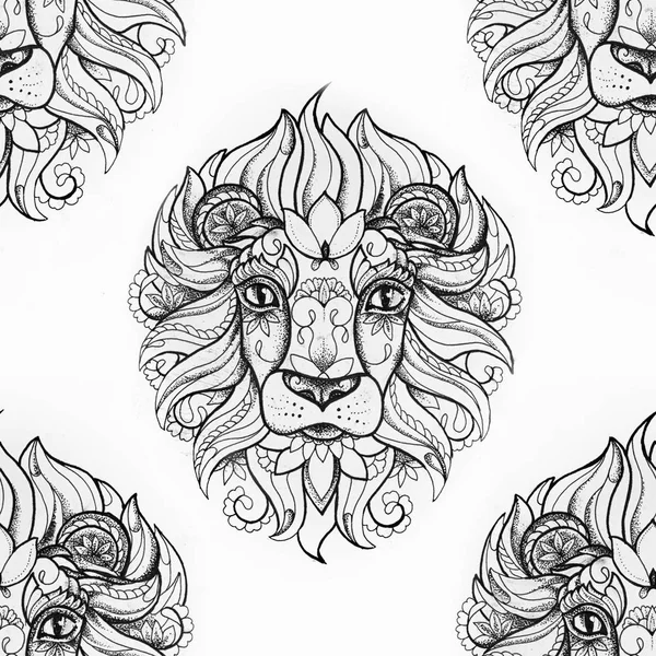 Seamless drawing of a lion head on a white background.