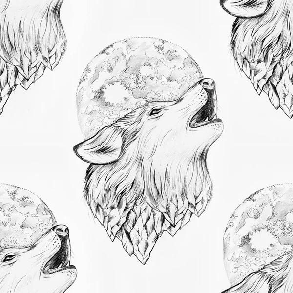 Bezszwowe rysunek wilka wycie do księżyca na białym tle. — Zdjęcie stockowe
