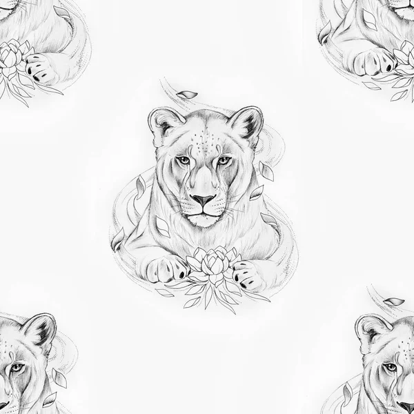 Naadloze patroon van een prachtige leeuw met een lotus op een witte achtergrond. — Stockfoto