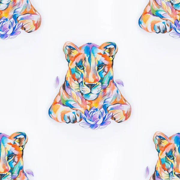 Seamless pattern of a beautiful lion with a lotus on a white background. — Stock Photo, Image