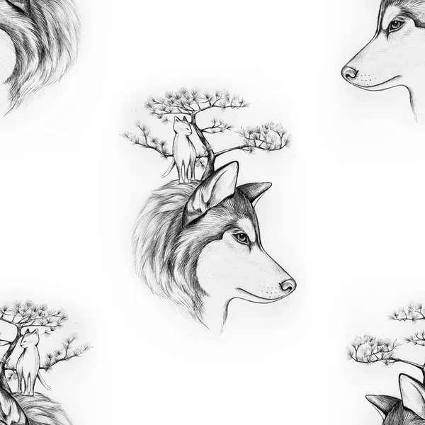 Dibujo inconsútil de una cabeza de lobo y un árbol sobre fondo blanco . —  Fotos de Stock