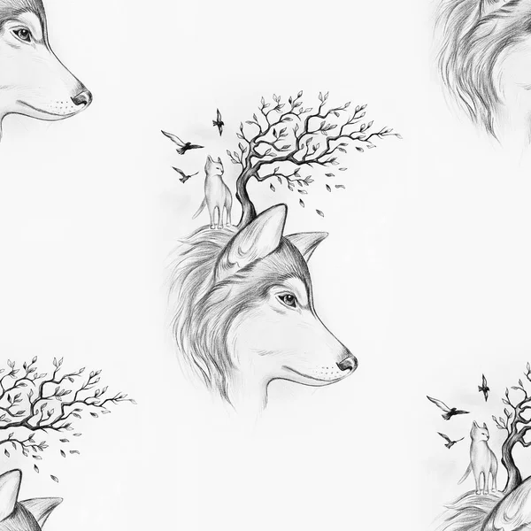 Sorunsuz çizim bir baş ve bir ağaç beyaz arka plan üzerinde wolfs.