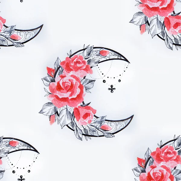 Seamless crescent pattern in flowers on a white background. — Stock Photo, Image