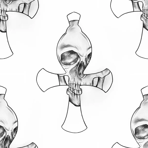 Seamless skull pattern and cross on a white background.