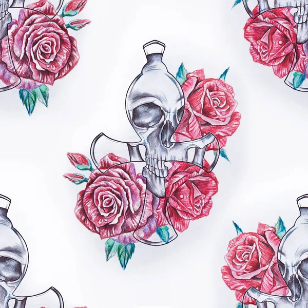 Seamless skull pattern in flowers on a white background. — Stock Photo, Image