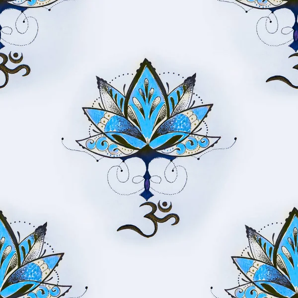 Seamless pattern of blue lotus on a white background.