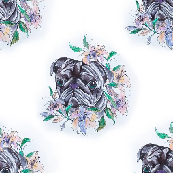 Seamless pattern of a beautiful pug in flowers on a white background. — Stock Photo, Image