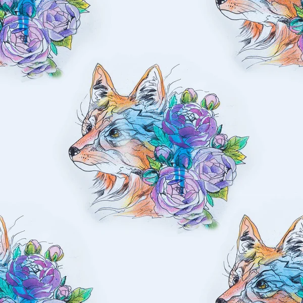 Modèle de tête de renard sans couture dans les fleurs sur un fond blanc . — Photo