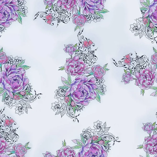 Seamless pattern of beautiful violet peonies on a white background. — Stock Photo, Image