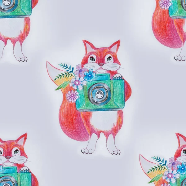 Seamless fox pattern with camera on white background.
