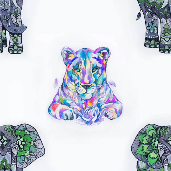 Seamless pattern of a beautiful lion and elephant on a white background. — Stock Photo, Image