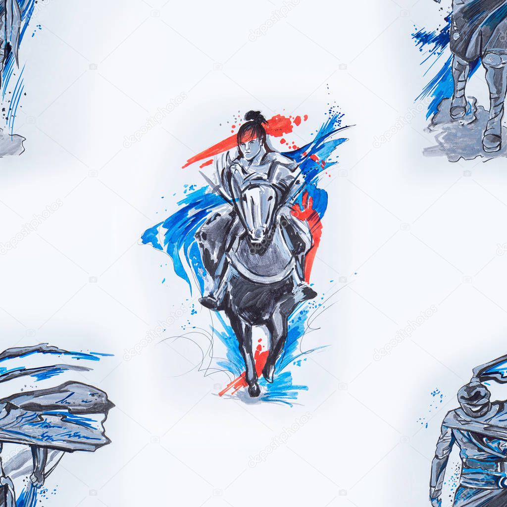Seamless pattern of Japanese rider and ninja on a white background.