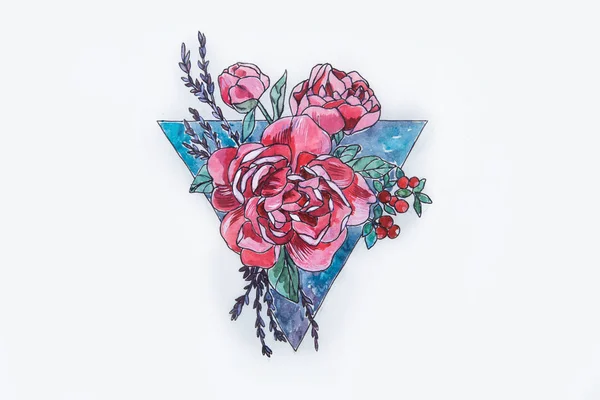 Ένα σκίτσο από ένα όμορφο κόκκινο τριαντάφυλλο και το τρίγωνο σε λευκό φόντο. — Φωτογραφία Αρχείου