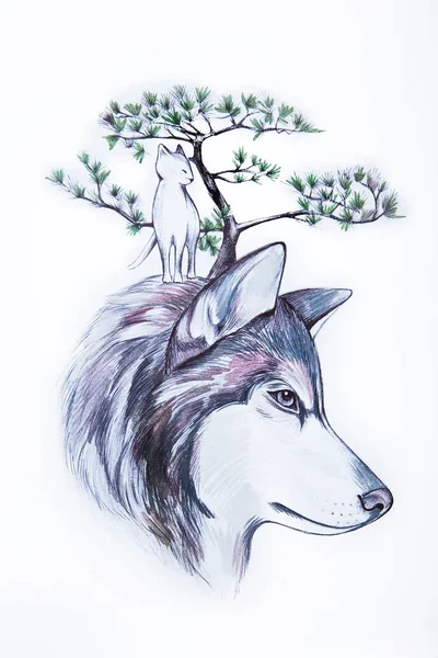 Σκίτσο κεφαλής λύκου και γάτα και δέντρο σε λευκό φόντο. — Φωτογραφία Αρχείου