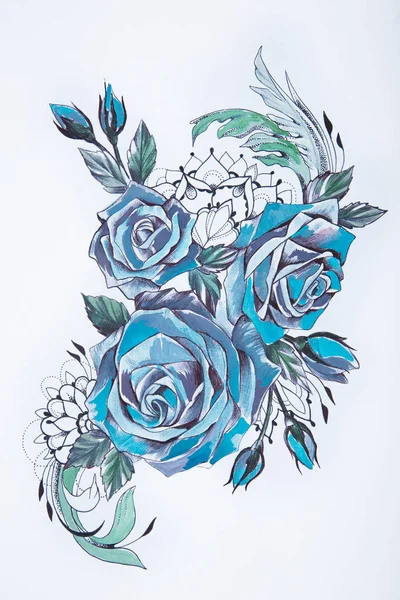 Een schets van een mooie blauwe roos op een witte achtergrond. — Stockfoto