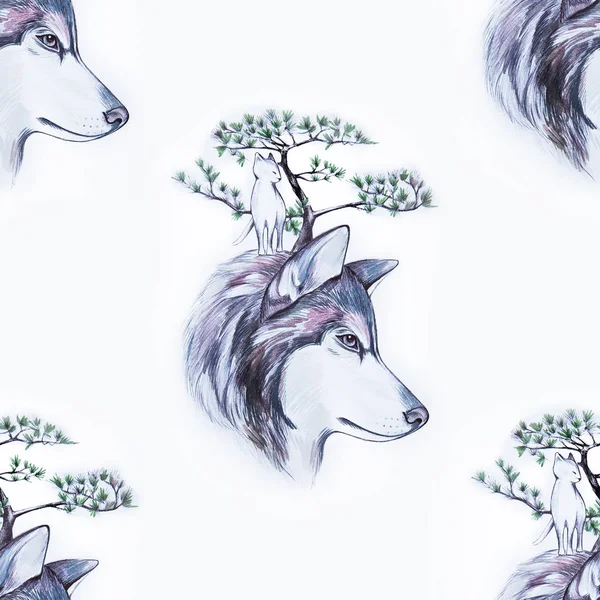 Χωρίς ραφή πρότυπο του ένα κεφάλι όμορφο λύκος σε λευκό φόντο. — Φωτογραφία Αρχείου